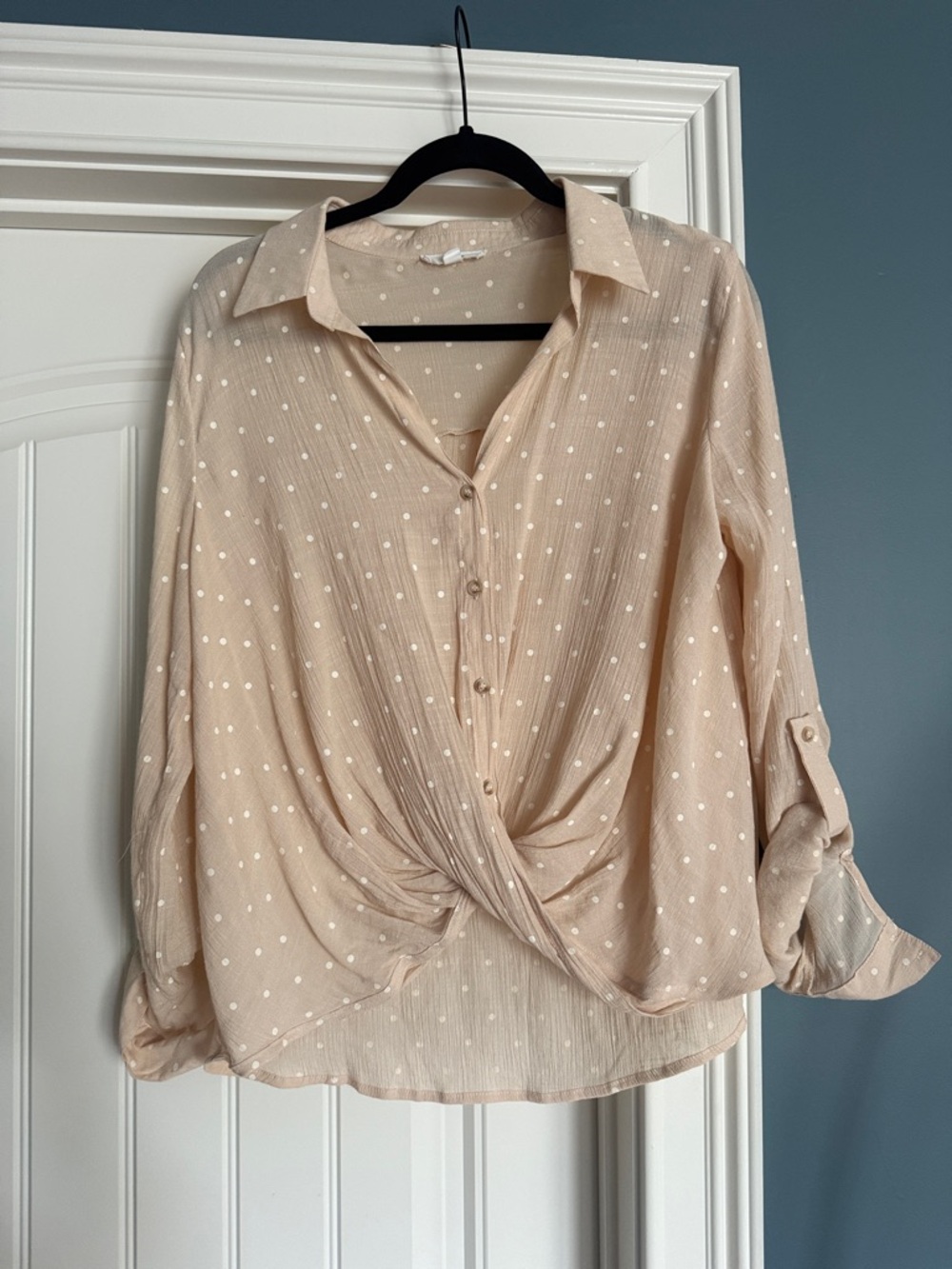 mine Beige Polka Dot Twist-Front Button Blouse